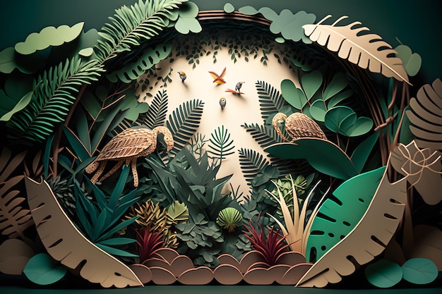 A paper cut out of a jungle scene with birds and plants.