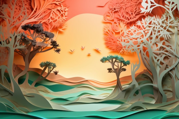 A paper cut out of a landscape with trees and birds flying around.