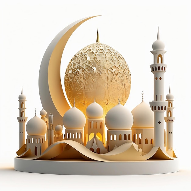 A paper cut out of a mosque with a crescent moon in the middle.