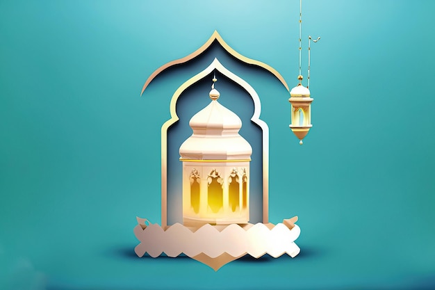 A paper cut out of a mosque with a lantern and the words ramadan.