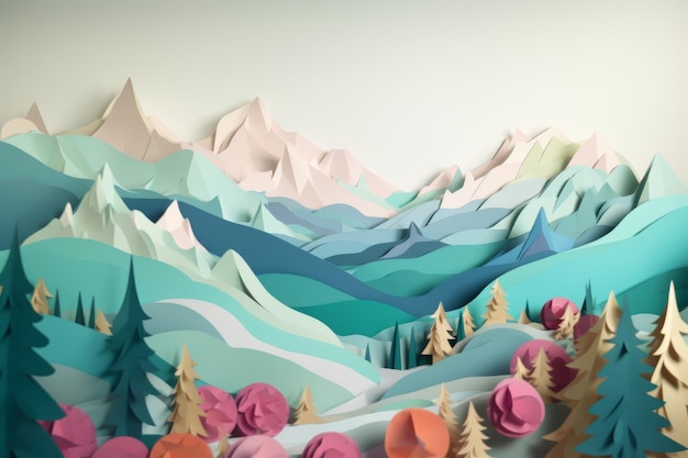 Paper cut out of a mountain landscape with mountains and trees in the background.