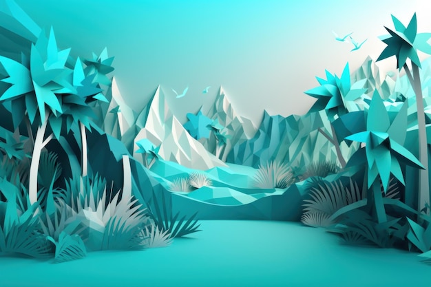 A paper cut out of a mountain landscape with mountains and trees.