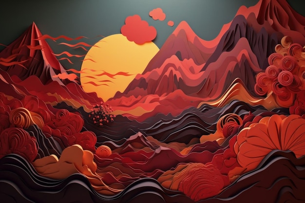 A paper cut out of a mountain landscape with the sun shining through it.