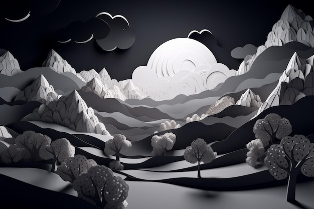 A paper cut out of a mountain landscape with trees and a moon.