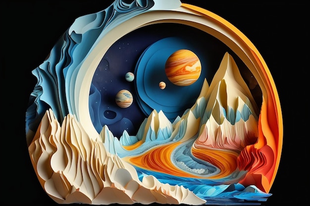 A paper cut out of a mountain with planets in the middle.