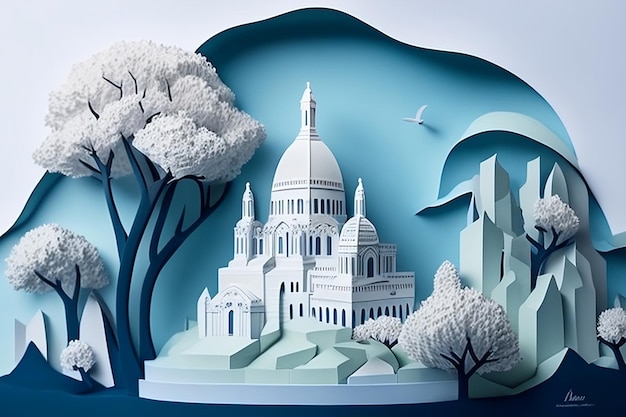 A paper cut out of paris with a church in the background.