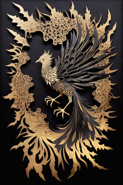 A paper cut out of a phoenix with a black background and gold foiled edges.