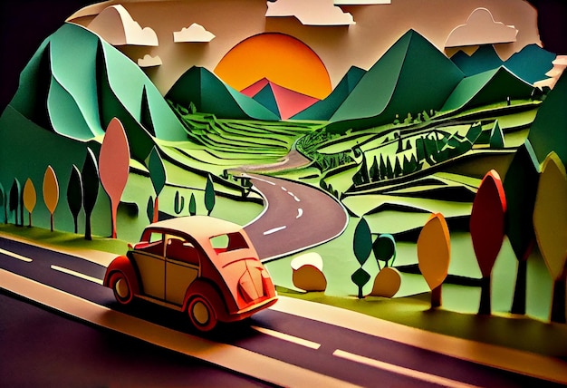 A paper cut out of a road with a car in the foreground and mountains in the background.