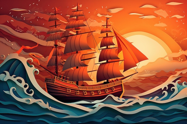 A paper cut out of a ship with the sails down in the ocean.