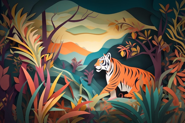 A paper cut out of a tiger in the jungle.