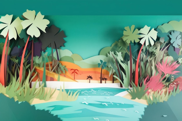 A paper cut out of a tropical island with palm trees on the left and a palm tree on the right.