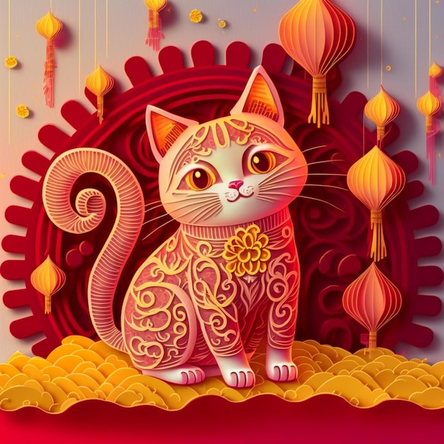 Paper cut quilling multidimensional chinese style cute zodiac cat with lanterns blossom peach flower in background chinese new year Lunar new year 2023 concept