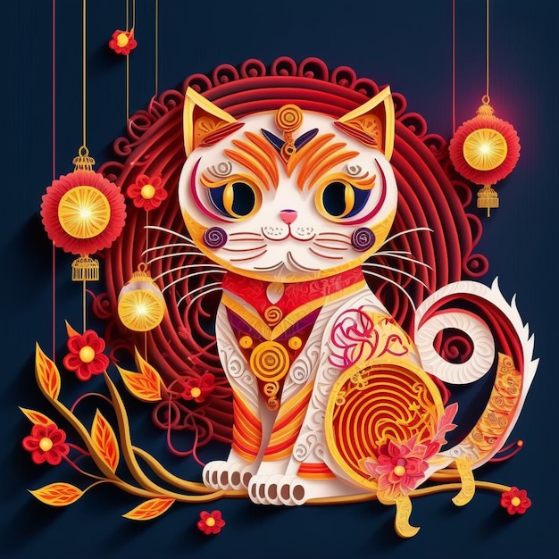 Paper cut quilling multidimensional chinese style cute zodiac cat with lanterns blossom peach flower in background chinese new year Lunar new year 2023 concept