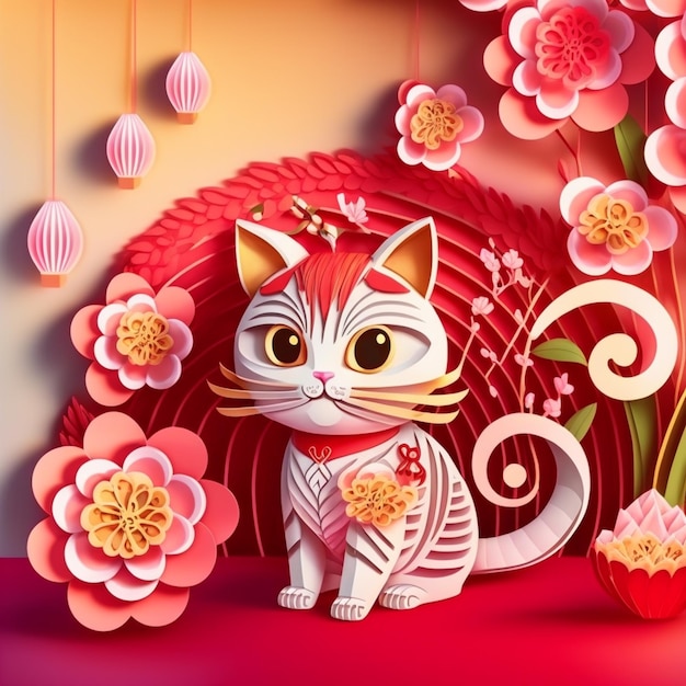 Paper cut quilling multidimensional chinese style cute zodiac cat with lanterns blossom peach flower in background chinese new year Lunar new year 2023 concept