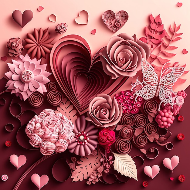 Paper cut quilling multidimensional valentine day with heart flower and chocolate on pink background Valentine day concept