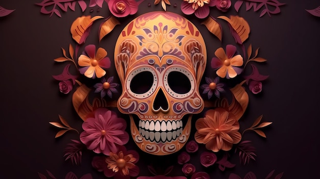 Paper Cut Skull and Flower on a Mexican Day of the Dead Background