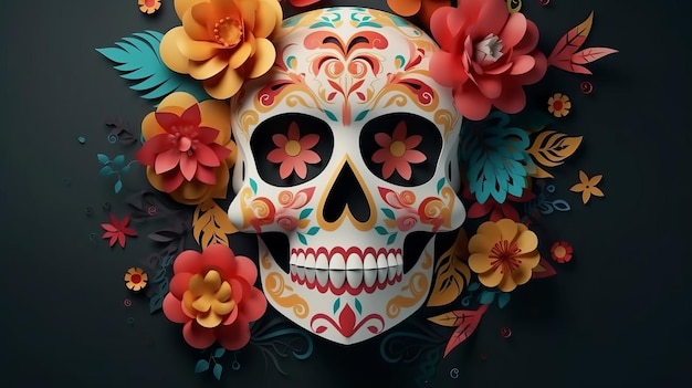 Paper Cut Skull and Flower on a Mexican Day of the Dead Background