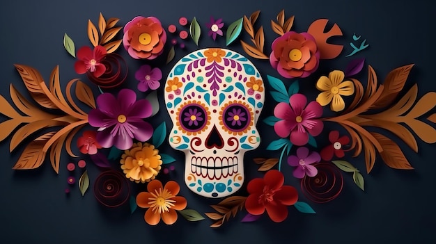 Paper Cut Skull and Flower on a Mexican Day of the Dead Background