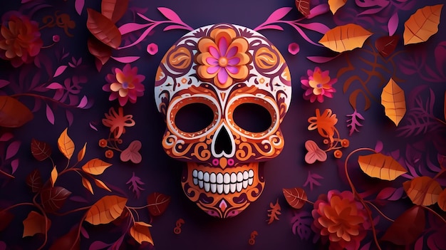 Paper Cut Skull and Flower on a Mexican Day of the Dead Background