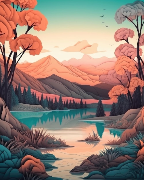 A paper cut style 3d illustration of a fantasy landscape Generative AI