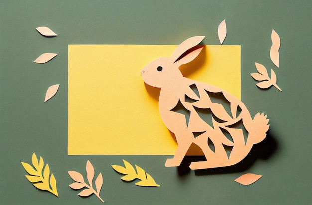 Paper cut style easter bunny and sticker on green background happy easter concept Generative AI