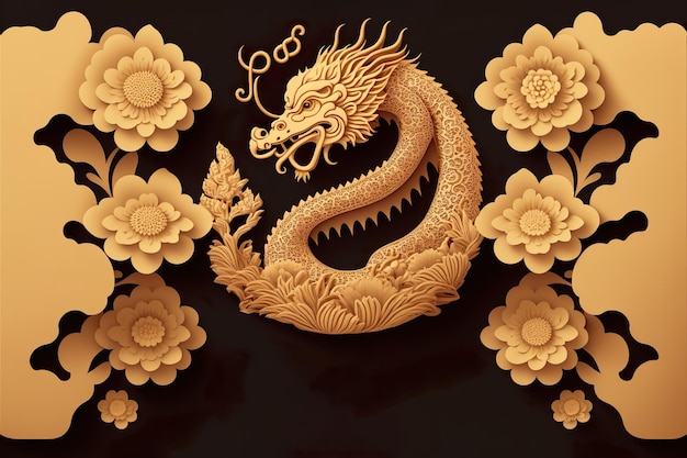 Paper cut style Happy chinese new year 2024 the dragon zodiac and flower with gold style on color background Generative Ai