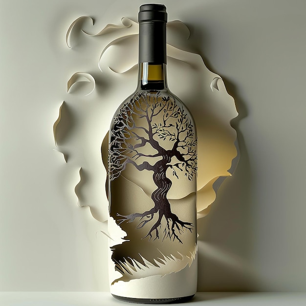 Photo paper cut tree in a wine bottle