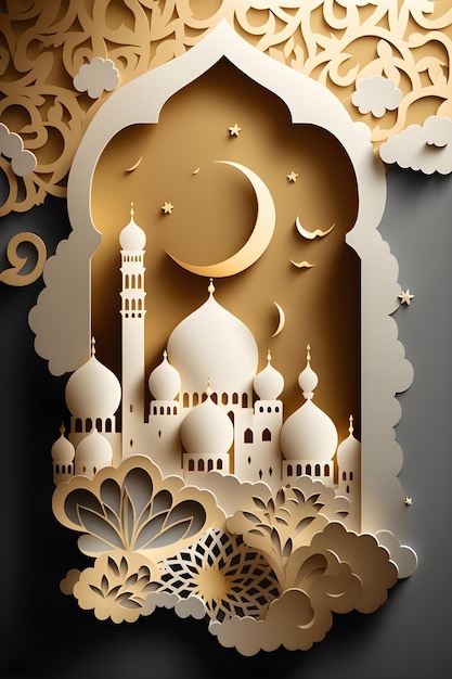 Paper cut vector illustration with mosque and moon clouds golden dark gray and white color Ramadan Generative AI 4