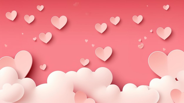 Paper cute hearts flying above clouds ai generated background image