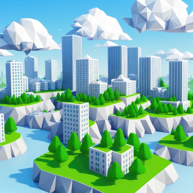 A paper cutout of a city with a green landscape and trees