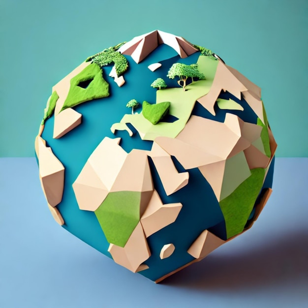 A paper cutout of the earth with trees and mountains on it.