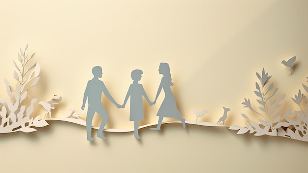 Paper cutout of a family holding hands and walking on a branch with birds.