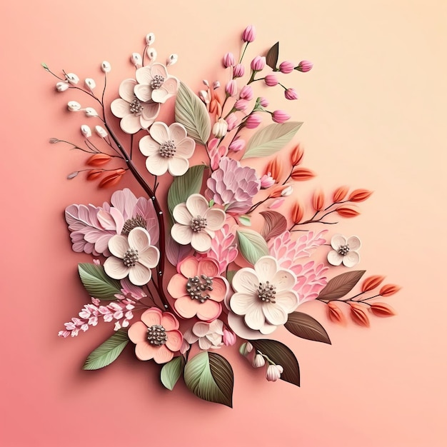 A paper cutout of flowers with a pink background.