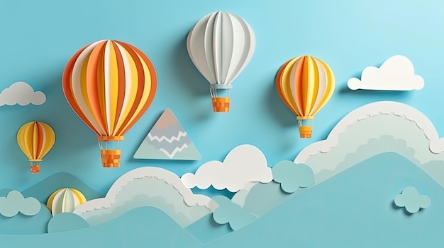 A paper cutout of hot air balloons with mountains in the background.