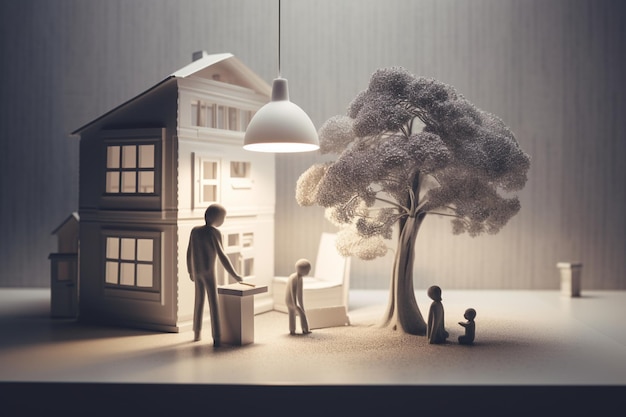 A paper cutout of a house with a tree and a family standing in front of it.