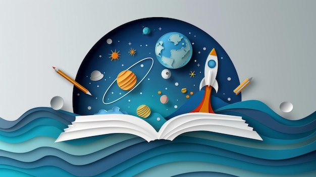 A paper cutout image of an open book reveals a vibrant space scene with a rocket planets and stars