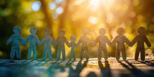 Paper cutout people holding hands in sunlight symbolizing unity teamwork and community connection