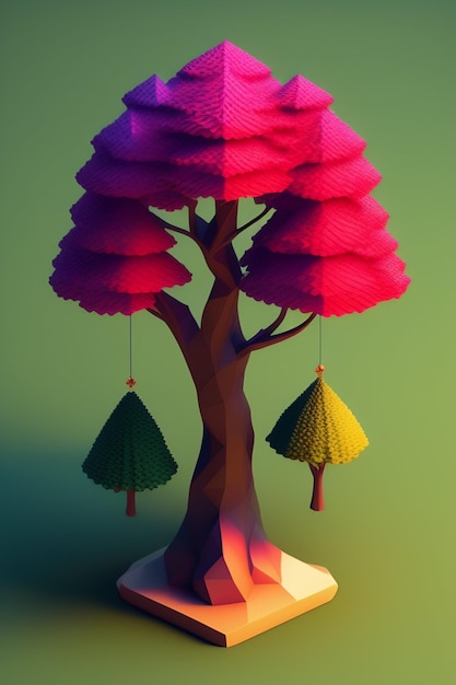 A paper cutout of a tree with a pink triangle on it.