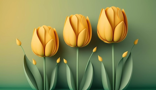 A paper cutout of yellow tulips with the word tulips on the bottom.