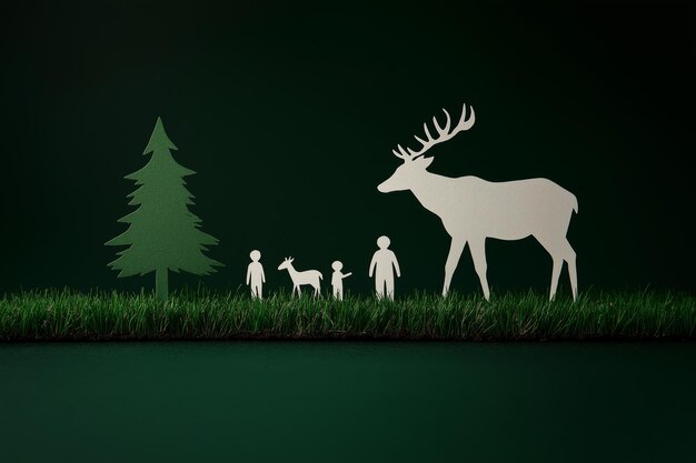 Photo paper cutouts of a family and deer in a forest setting