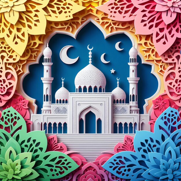 Photo a paper cutting mosque with the moon and the blue sky