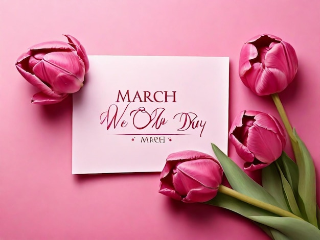 The paper deep pink tulip isolated on pink background happy womens day 8 march text