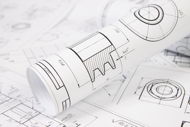 Photo paper engineering drawings of industrial parts and mechanism