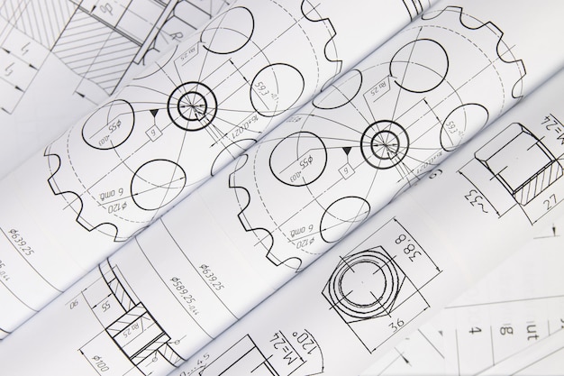 Photo paper engineering drawings of industrial parts and mechanism