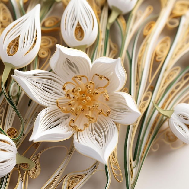 A paper flower with gold edges and a gold center.