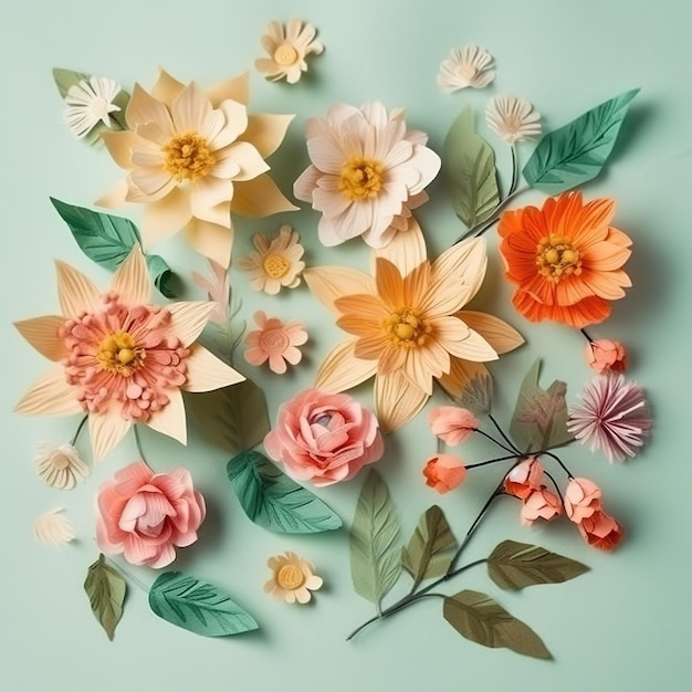 Paper flowers are on a green background.