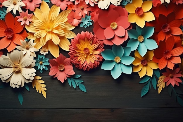 Paper flowers arranged on a wooden background