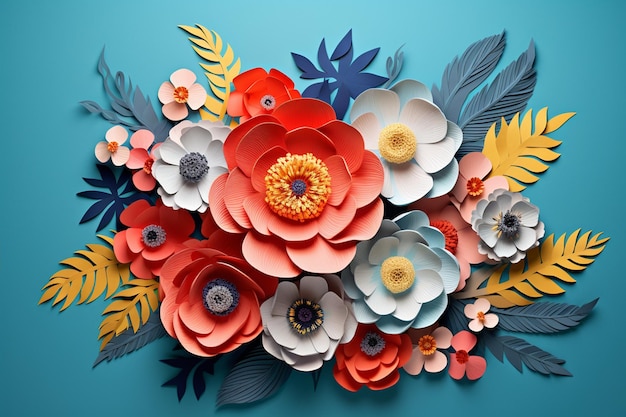 Photo paper flowers on blue background