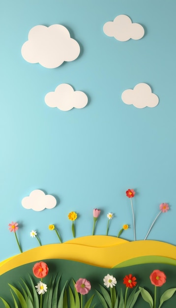 Photo paper flowers and clouds on a blue background