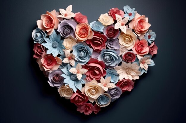 Paper flowers forming a heart shape on a flat surface created with generative ai